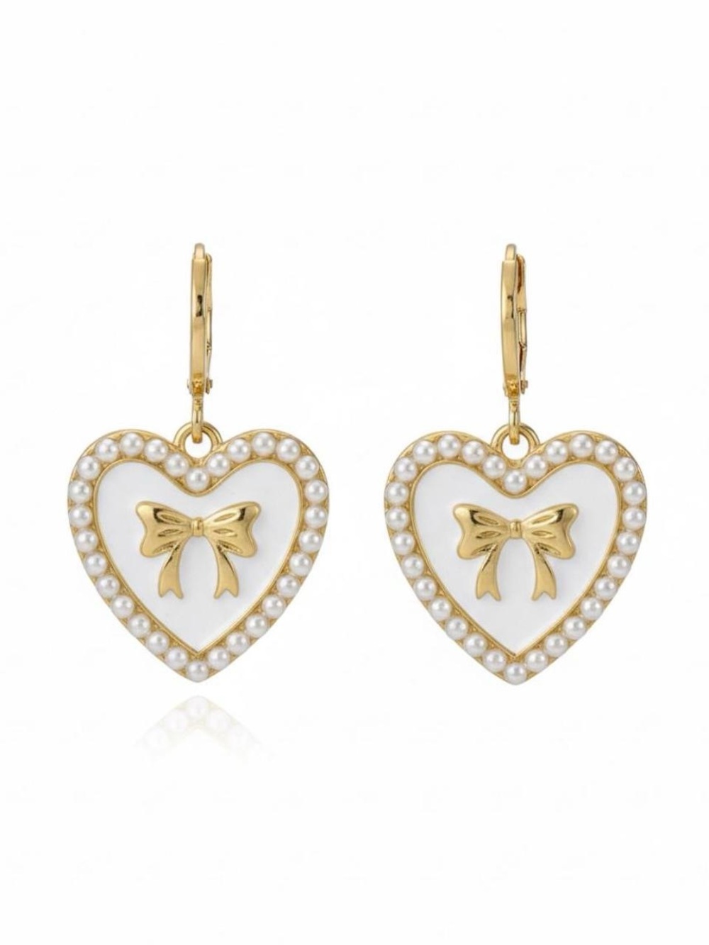 Gold and White Heart Drop Earrings with Bow and Pearl Trim